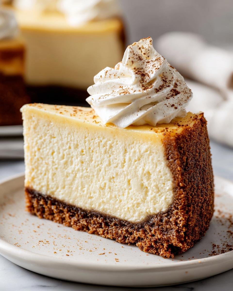 A decadent slice of eggnog cheesecake recipe with a thick graham cracker crust and whipped cream topping.