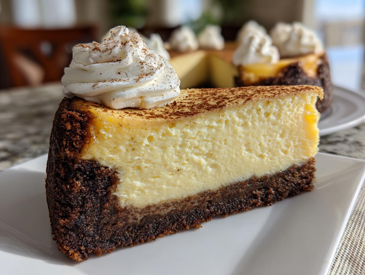 A thick slice of creamy eggnog cheesecake with a dark crust, topped with whipped cream and cinnamon.