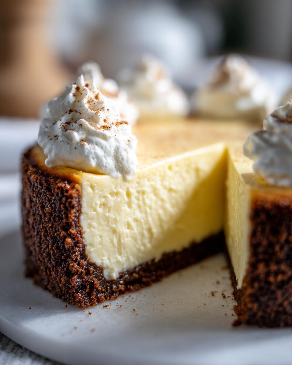Close-up of a rich, creamy eggnog cheesecake with a dark crust, topped with dollops of whipped cream and cinnamon.