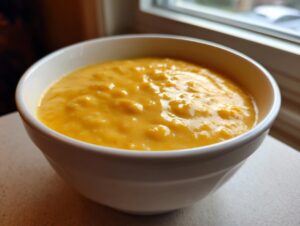 A close-up of a white bowl filled with thick, creamy, bright orange cheese soup, set near a window.