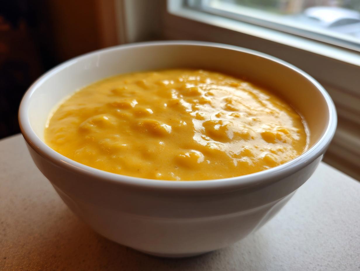 A close-up of a white bowl filled with thick, creamy, bright orange cheese soup, set near a window.