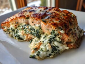 A close-up of a perfectly cooked piece of stuffed salmon, oozing with creamy spinach filling.
