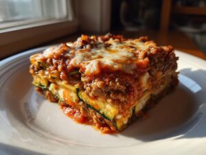 A close-up, sunny shot of a hearty slice of zucchini lasagna layered with meat sauce and melted cheese.