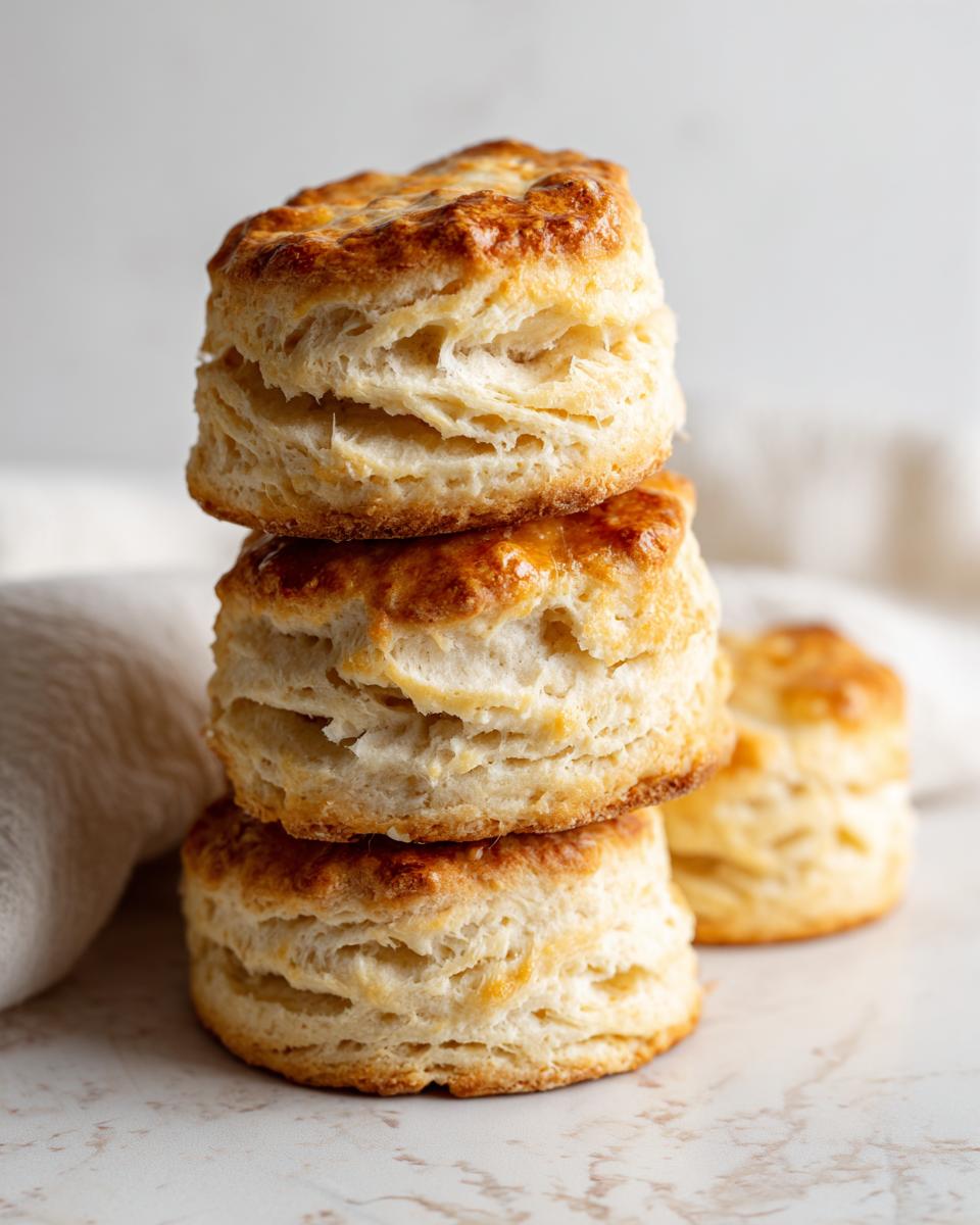 A vertical stack of three tall, flaky buttermilk biscuits with golden brown tops resting on a marble surface.