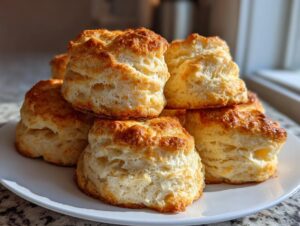 A stack of freshly baked, flaky buttermilk biscuits with golden brown tops on a white plate.