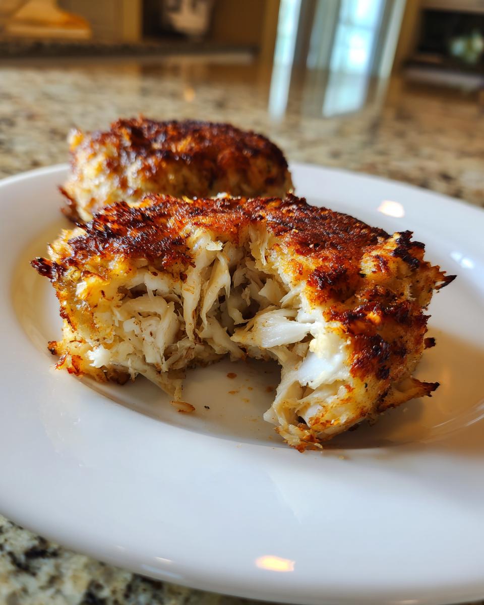 Close-up of a perfectly cooked Maryland crab cake cut open, showing large flakes of white crab meat inside.