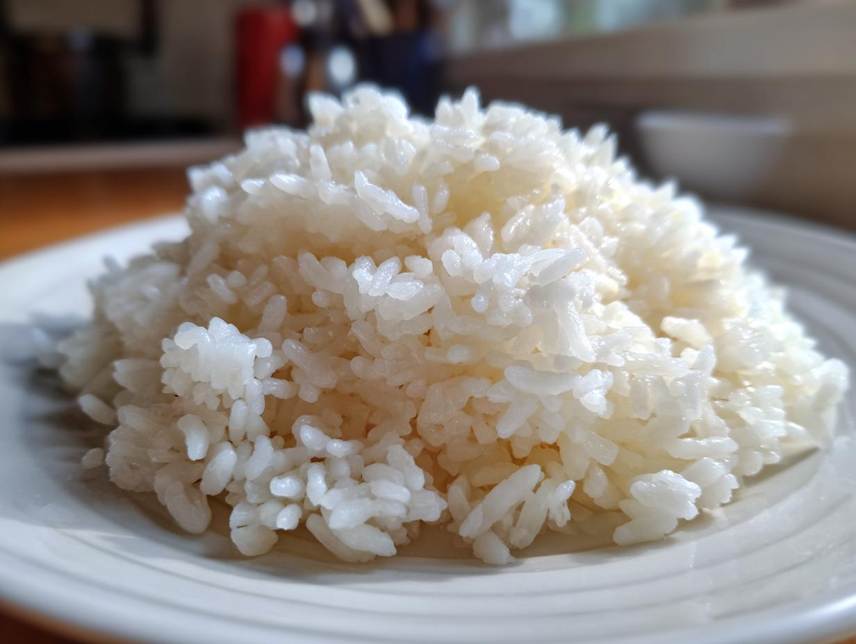 Close-up of a mound of glossy, perfectly cooked sushi rice on a white plate.