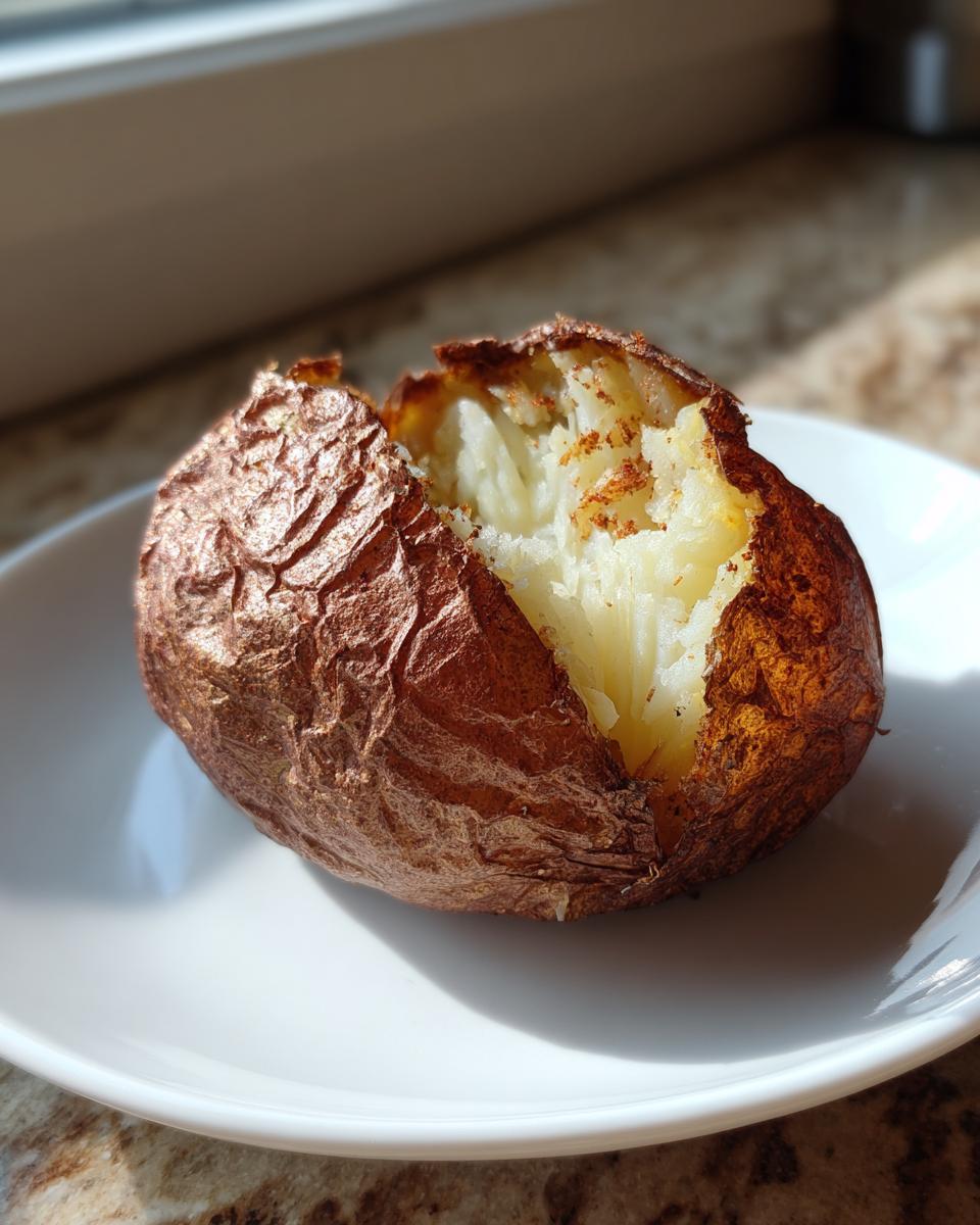 Close-up of a perfectly cooked air fryer baked potato with a split open top showing fluffy white interior.