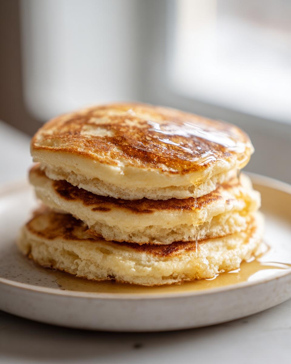 Close-up of a stack of three fluffy almond flour pancakes drizzled with syrup.