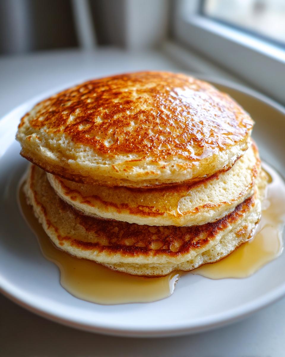 A tall stack of three fluffy almond flour pancakes drizzled generously with maple syrup.