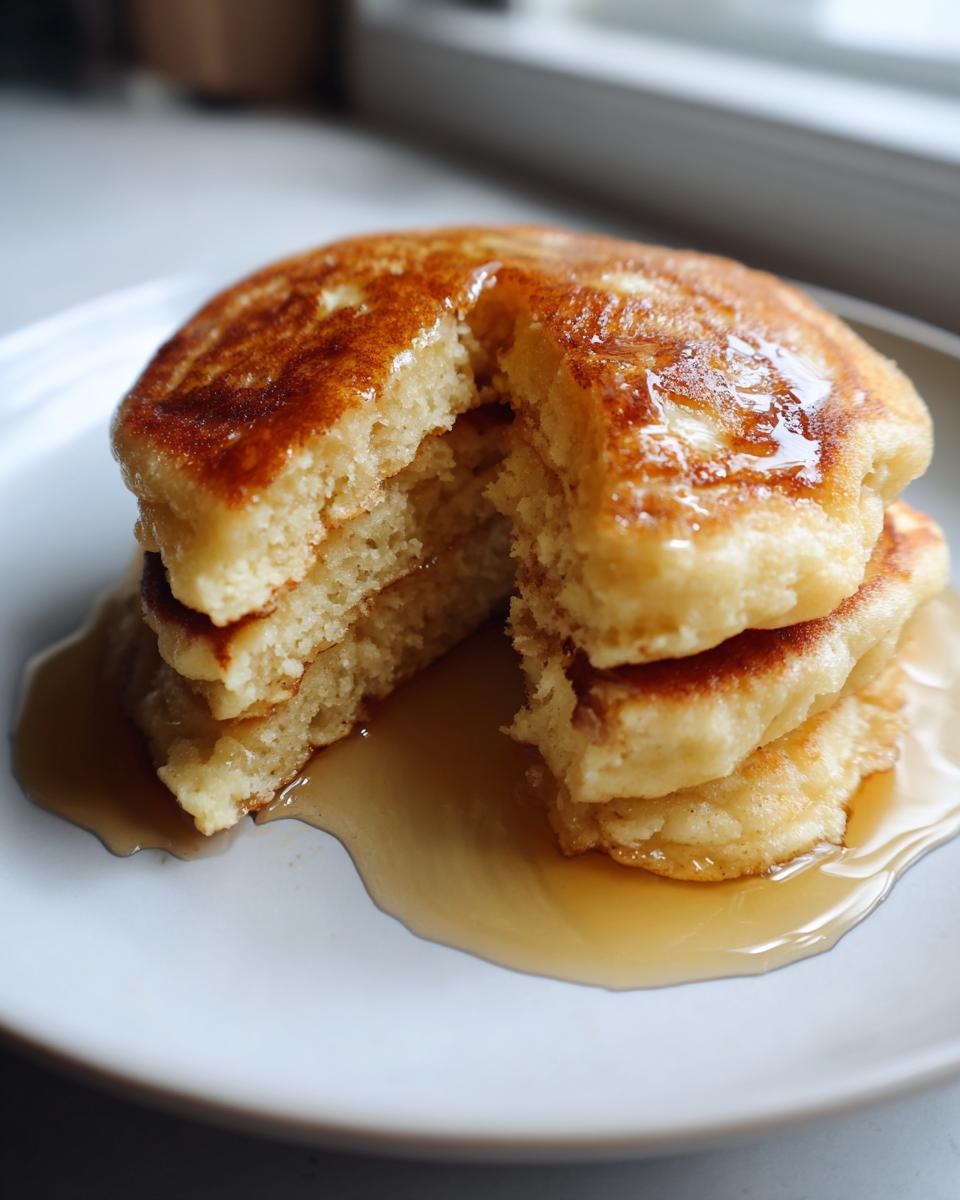 A close-up of a stack of three fluffy almond flour pancakes with a piece cut out, drizzled heavily with maple syrup.