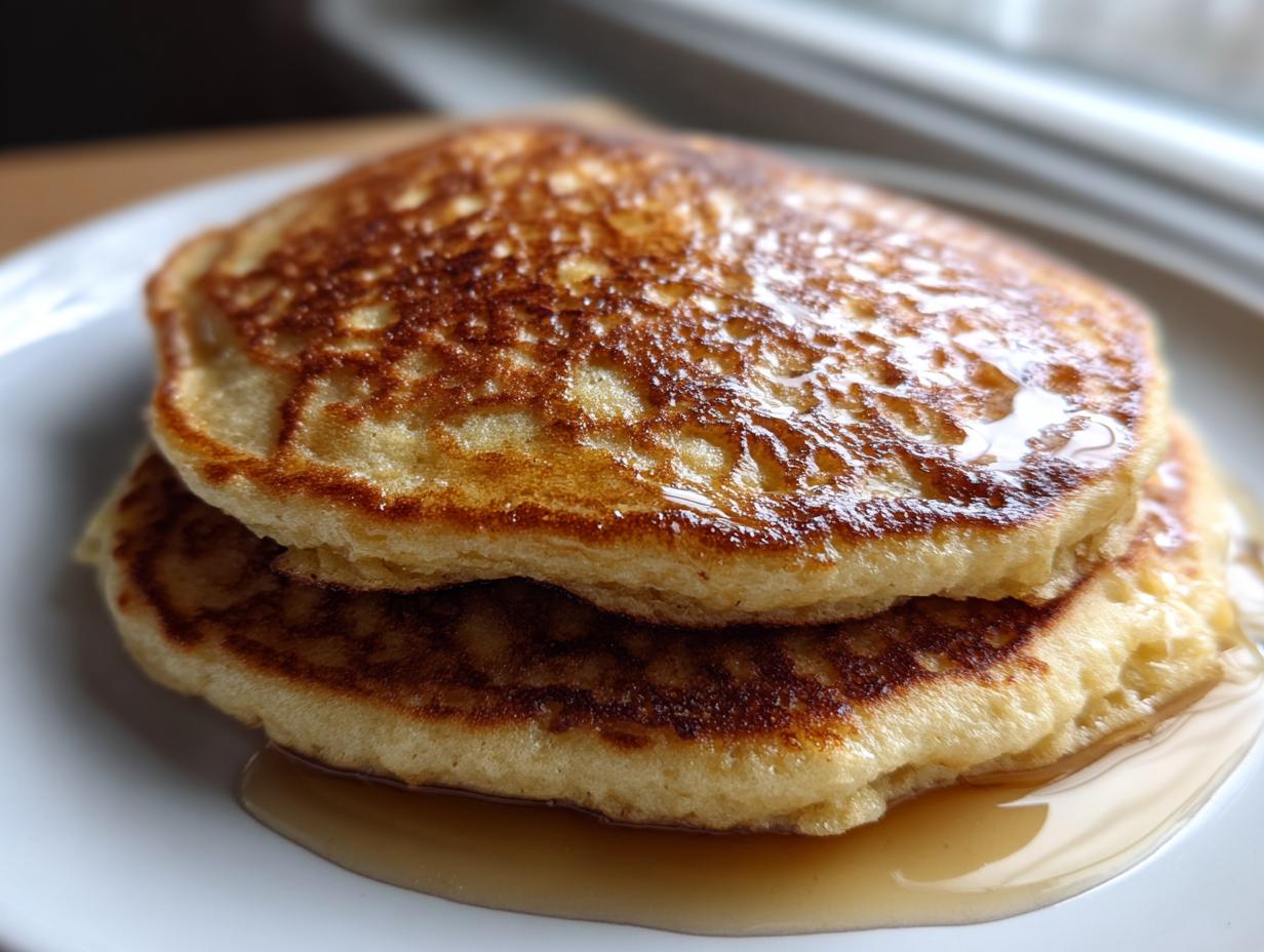 Close-up of two fluffy almond flour pancakes stacked high, drizzled with golden syrup.