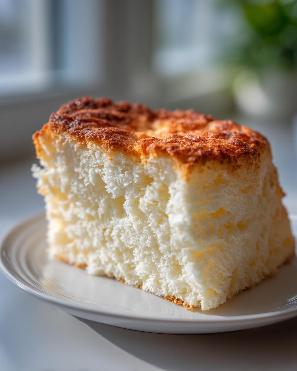 Close-up of a thick slice of incredibly light and airy angel food cake showing its white, porous interior and golden-brown top crust.
