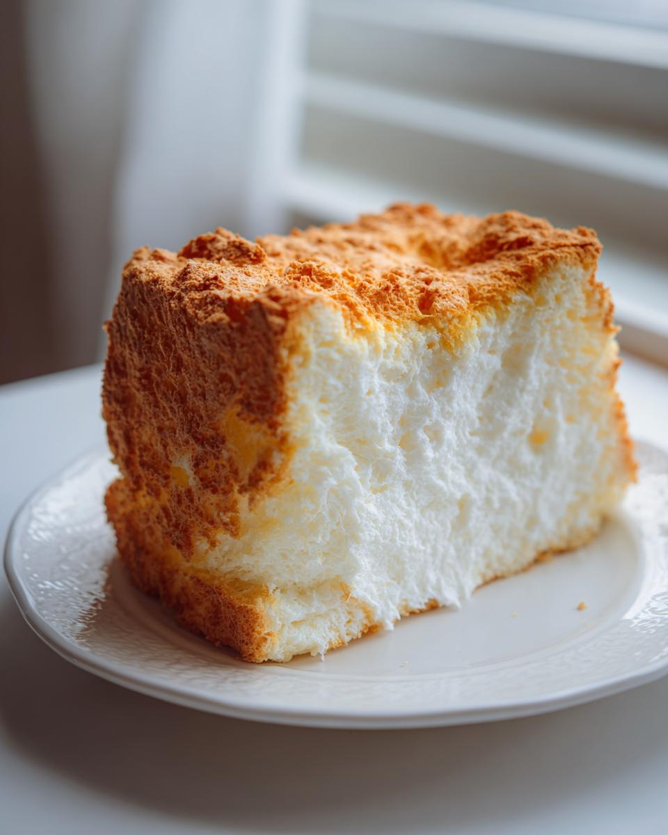 A close-up of a thick slice of light, airy angel food cake with a golden-brown crust on a white plate.