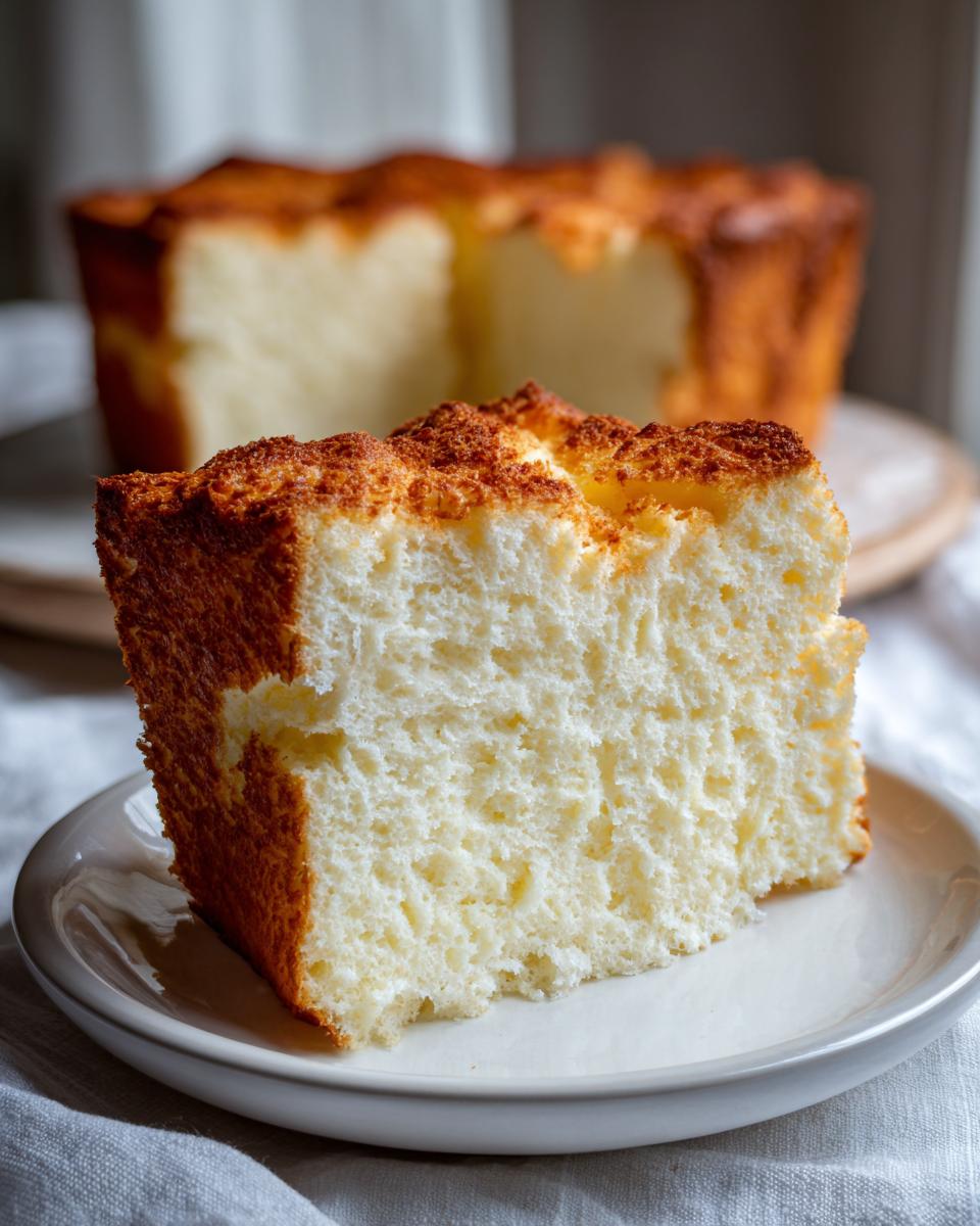 A close-up slice of incredibly fluffy angel food cake with a golden-brown crust, served on a white plate.