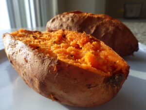 Close-up of a fluffy baked sweet potato cut open, showing bright orange flesh seasoned with pepper.