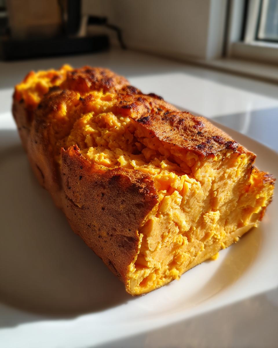 A golden-brown loaf made from baked sweet potatoes, showing a fluffy interior texture.