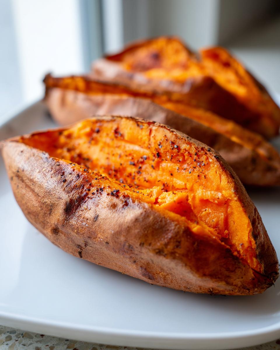 Close-up of fluffy baked sweet potatoes, split open and seasoned with black pepper.