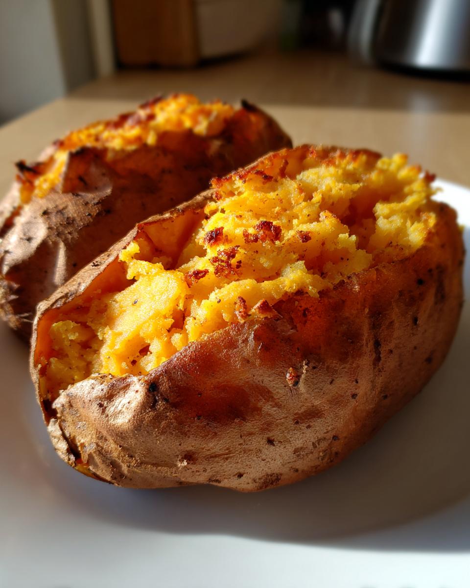 Two fluffy baked sweet potatoes, split open to show the bright orange interior, resting on a white plate.