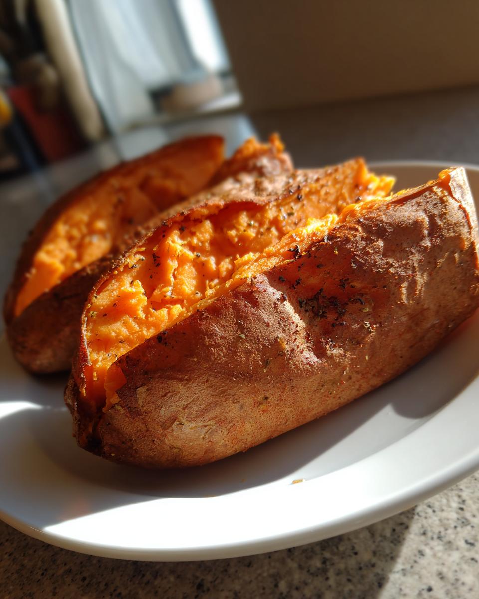 Close-up of fluffy baked sweet potatoes split open on a white plate, seasoned with herbs.