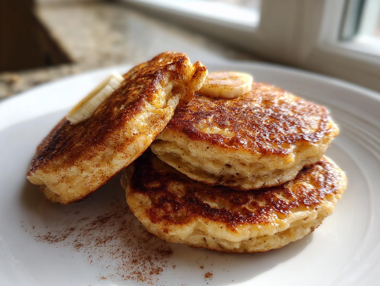 A stack of three fluffy banana oatmeal pancakes dusted heavily with cinnamon and topped with banana slices.