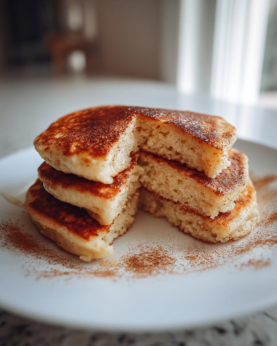 A stack of fluffy banana oatmeal pancakes cut open to show texture, dusted with cinnamon.