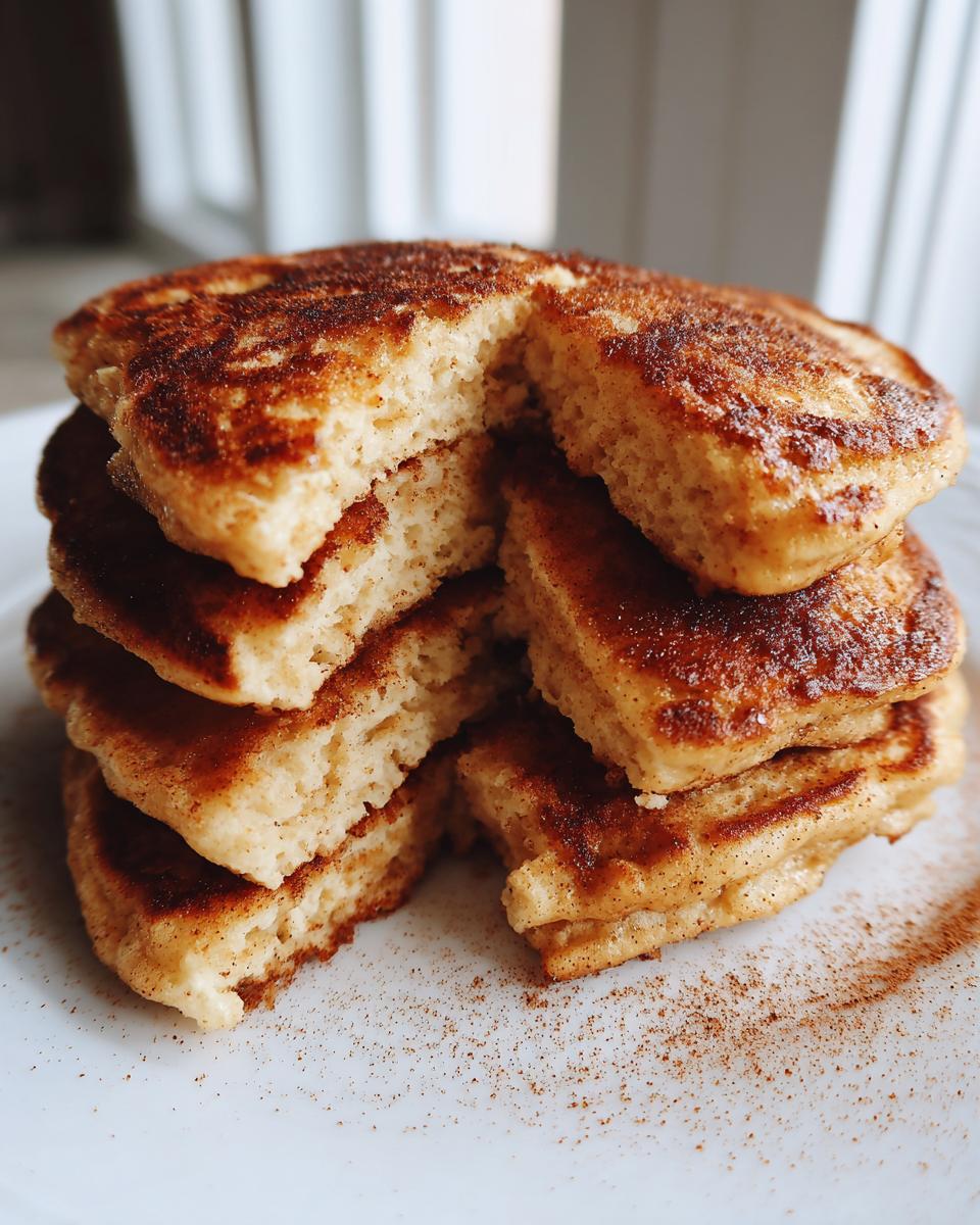 Close-up of a fluffy stack of banana oatmeal pancakes, cut open to show the texture, dusted with cinnamon.
