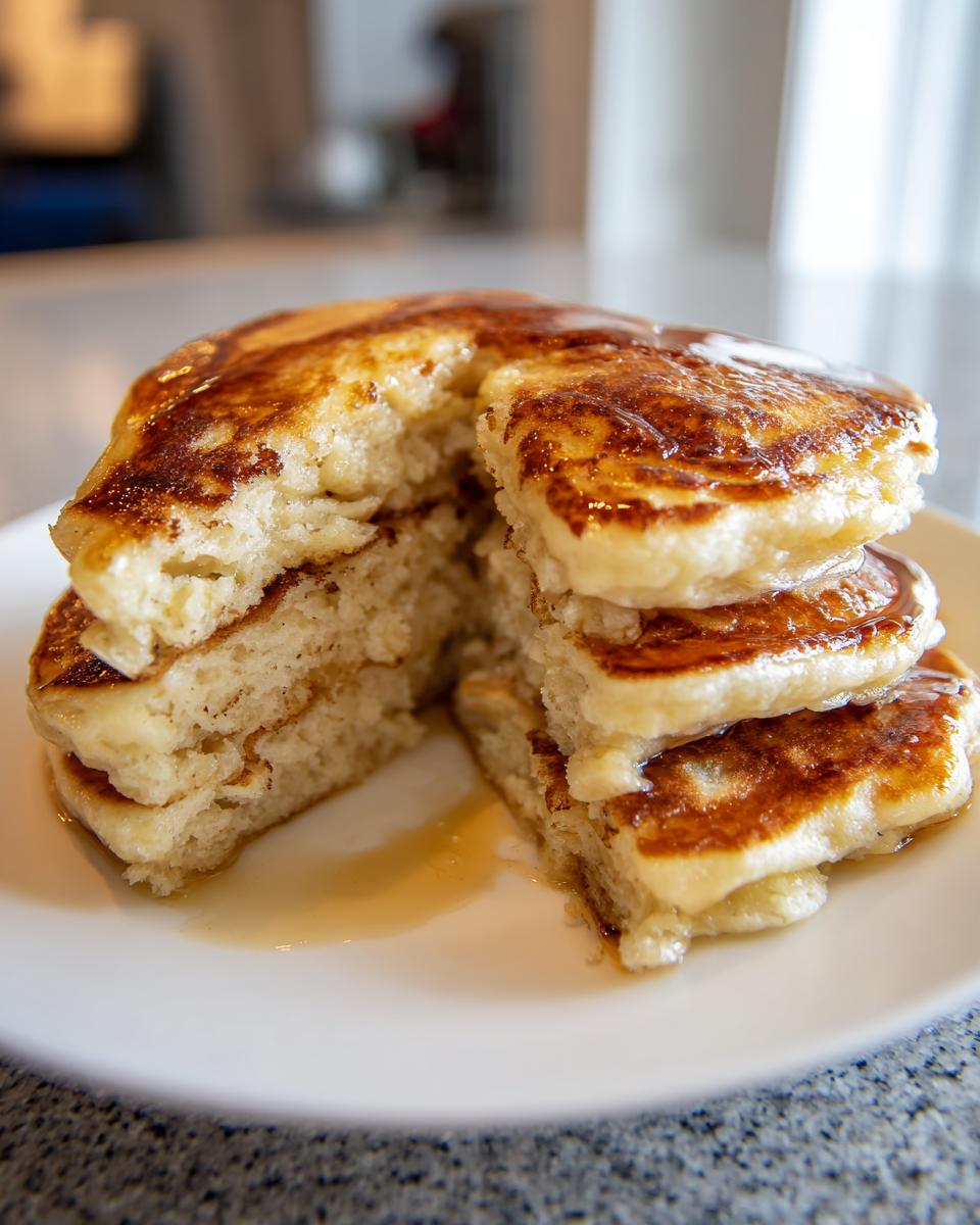 A stack of incredibly fluffy banana pancakes cut in half, drizzled generously with syrup.