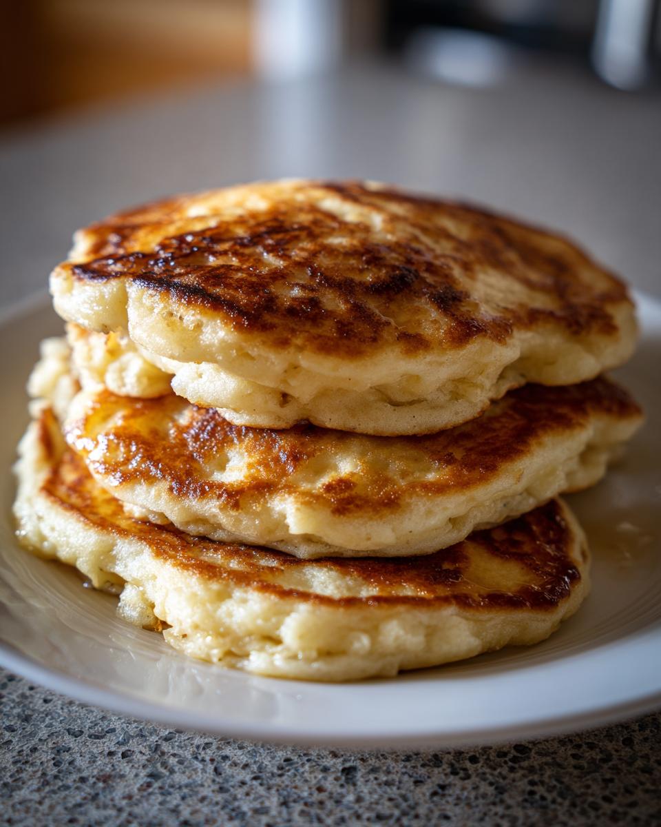 A close-up of a stack of three fluffy banana pancakes with golden-brown, caramelized edges.