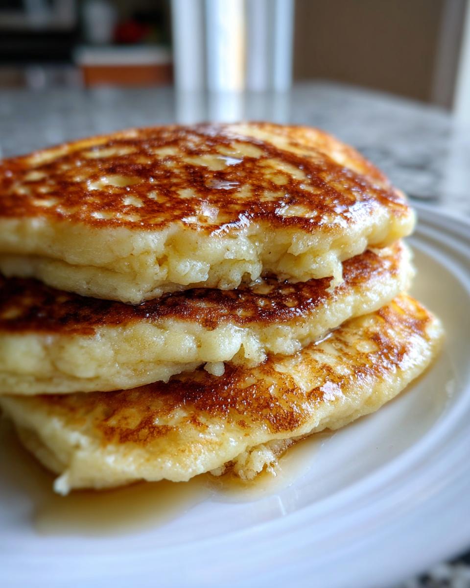 Close-up of a stack of three fluffy banana pancakes, golden brown and drizzled with syrup.