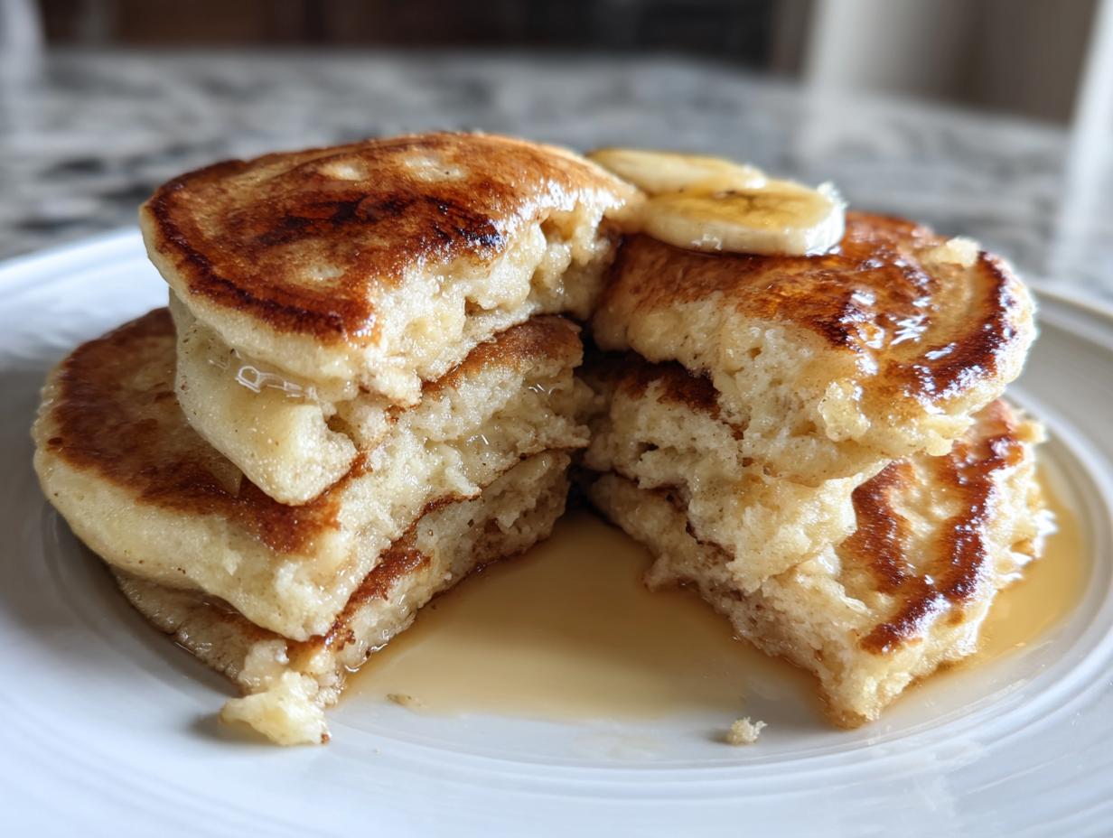 A fluffy stack of banana pancakes cut in half, drizzled with syrup and topped with banana slices.