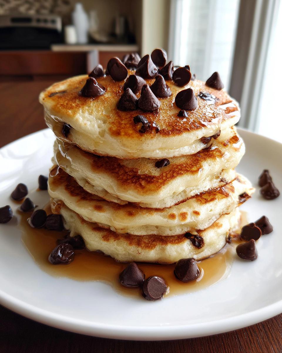 A tall stack of four fluffy chocolate chip pancakes drizzled with syrup and topped with chocolate chips.