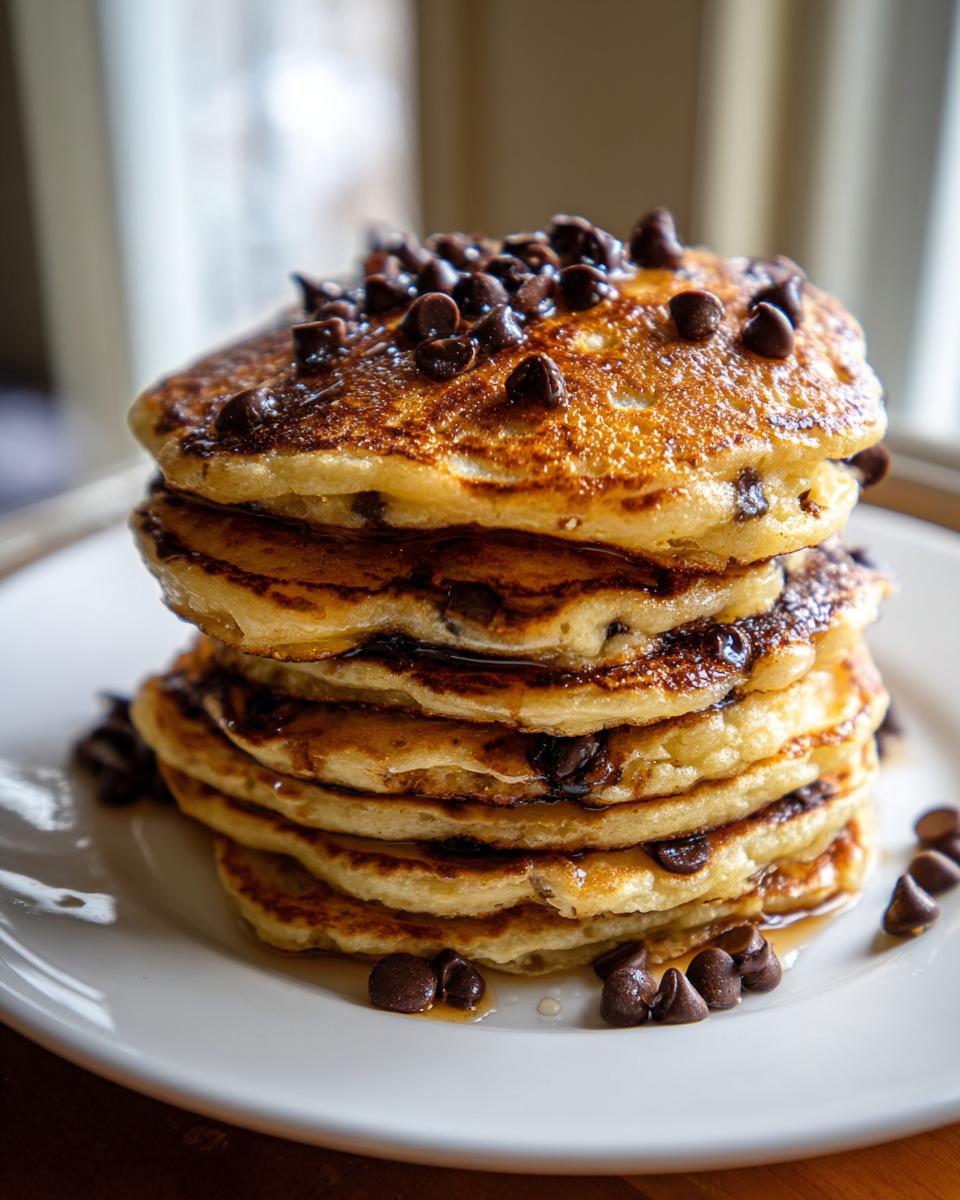 A tall stack of fluffy chocolate chip pancakes drizzled with syrup and topped with extra chocolate chips.