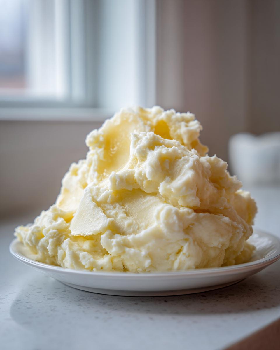 A generous serving of fluffy, creamy mashed potatoes topped with melting butter on a white plate.