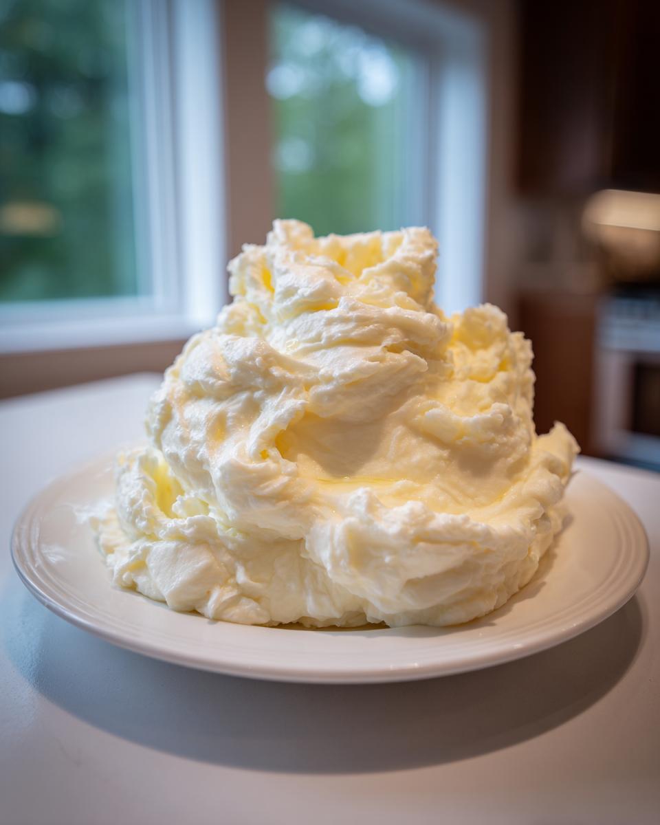A large, fluffy mound of rich, creamy mashed potatoes served on a white plate, showing a glossy texture.