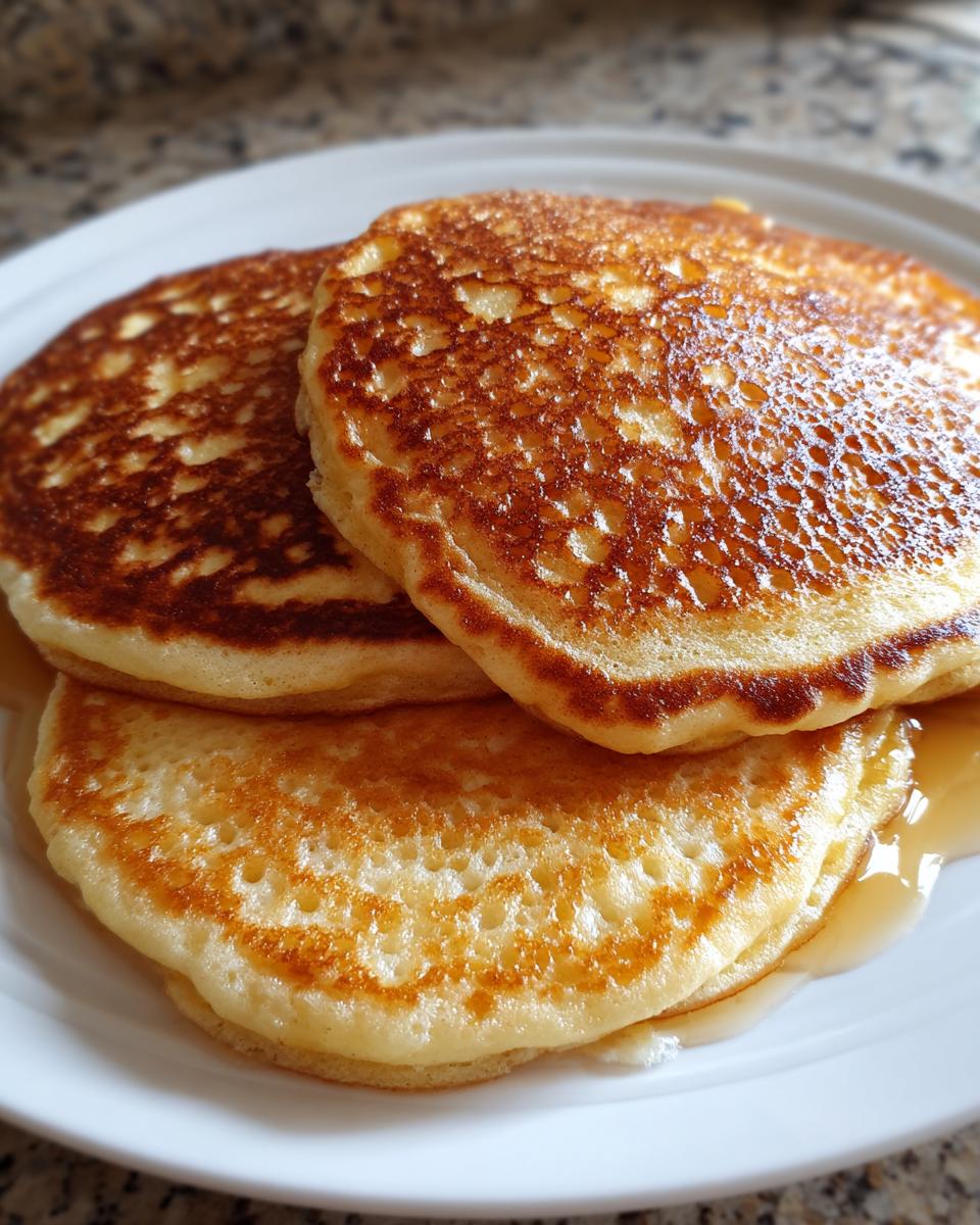 A stack of three golden brown, fluffy discard pancakes drizzled with syrup on a white plate.