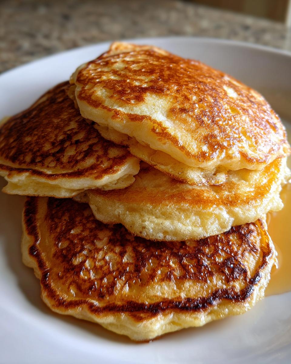 A stack of three golden brown, fluffy discard pancakes drizzled with syrup on a white plate.