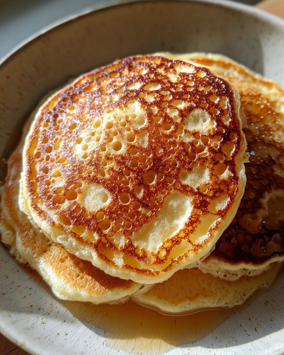 Close-up of a stack of fluffy discard pancakes showing a beautifully golden brown, bubbly surface texture, sitting in syrup.