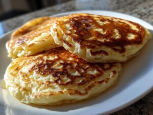 A stack of three fluffy discard pancakes drizzled with syrup, showing golden-brown, lacy edges.