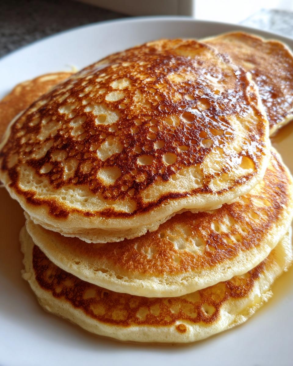 A close-up stack of three fluffy discard pancakes showing beautifully golden-brown, bubbly cooked surfaces.