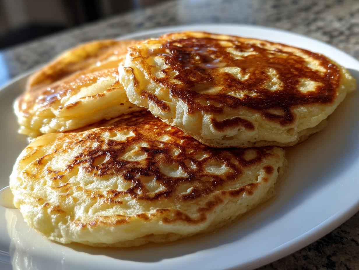 A stack of three fluffy discard pancakes drizzled with syrup, showing golden-brown, lacy edges.