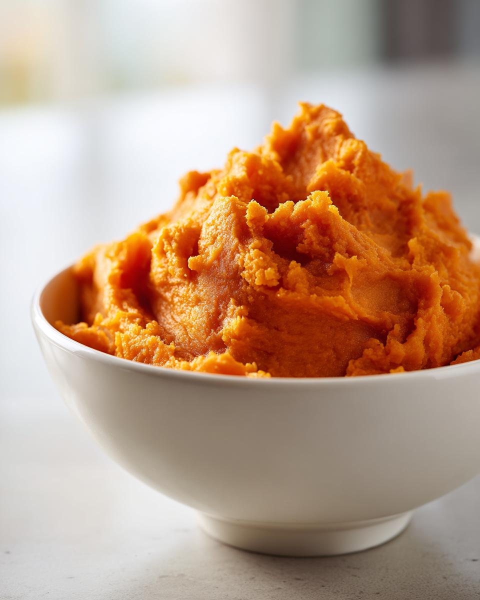 A close-up of a white bowl filled high with fluffy, bright orange mashed sweet potatoes.