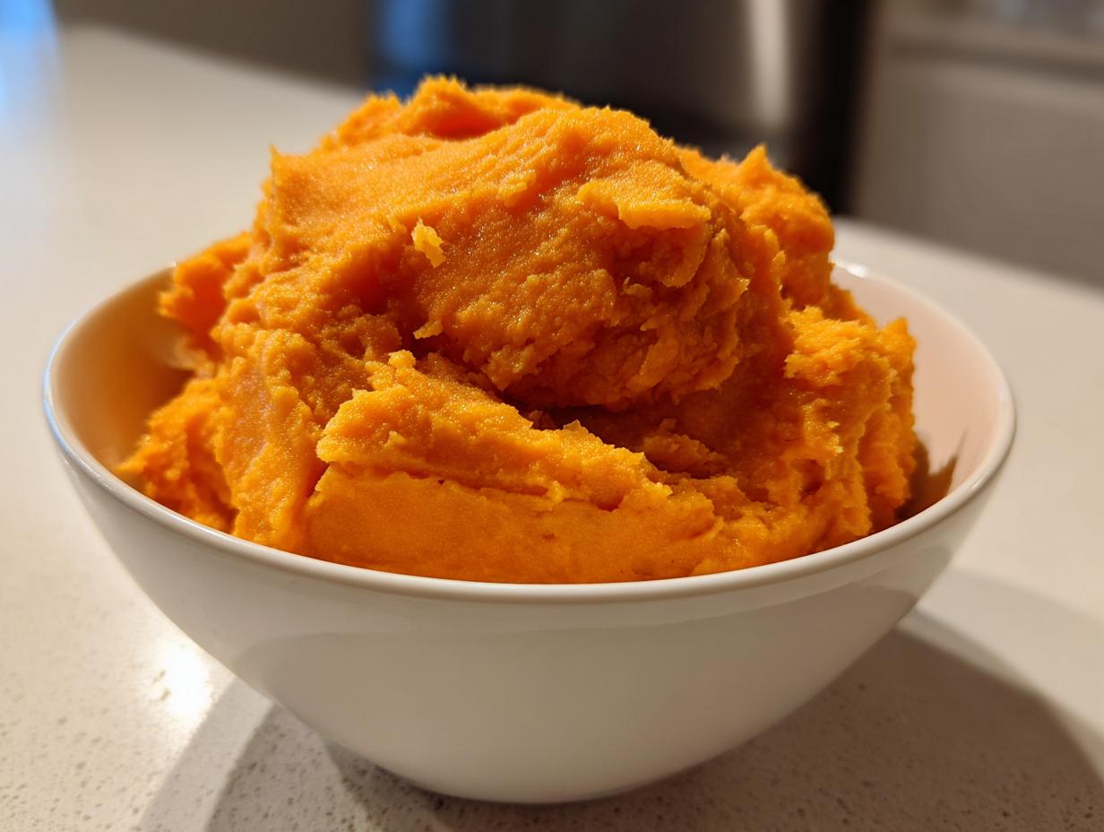 A close-up of a white bowl filled with bright orange, fluffy mashed sweet potatoes.