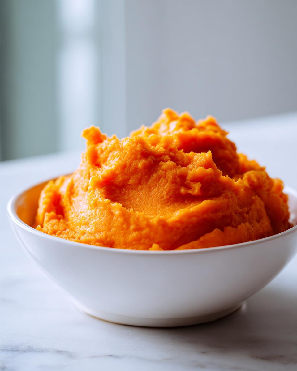 A close-up of a white bowl filled with vibrant, fluffy mashed sweet potatoes, sitting on a marble surface.