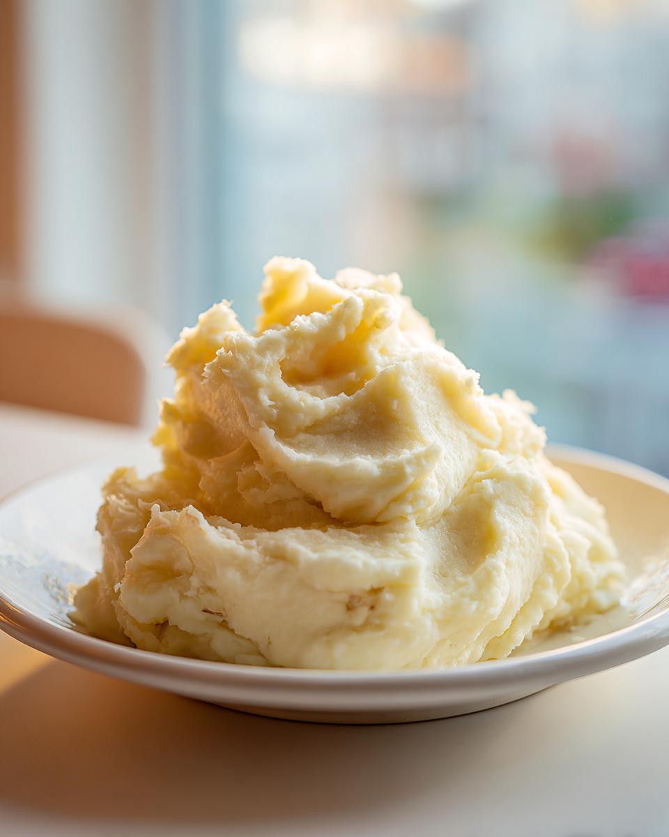 A generous serving of fluffy roasted garlic mashed potatoes piled high on a white plate.