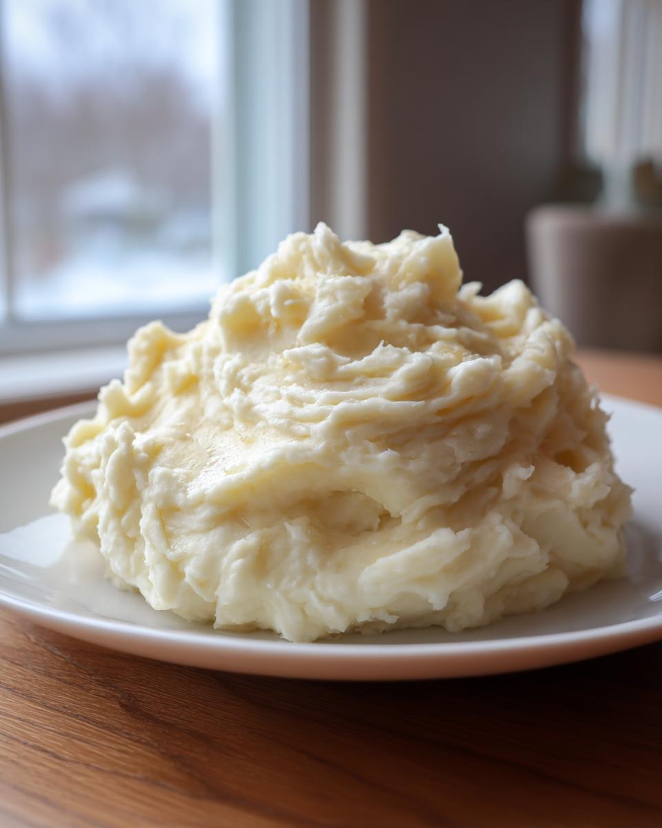 A generous mound of creamy, fluffy roasted garlic mashed potatoes served on a white plate.