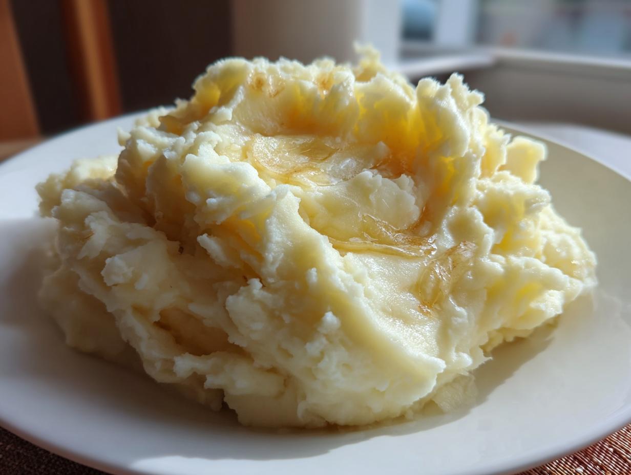A close-up of fluffy roasted garlic mashed potatoes topped with melted butter.