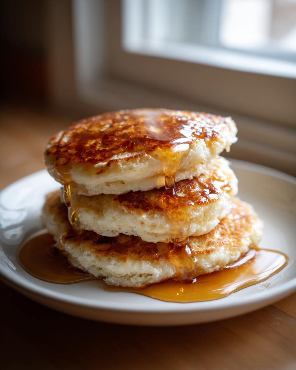 A stack of three fluffy sourdough discard pancakes drizzled generously with golden syrup.