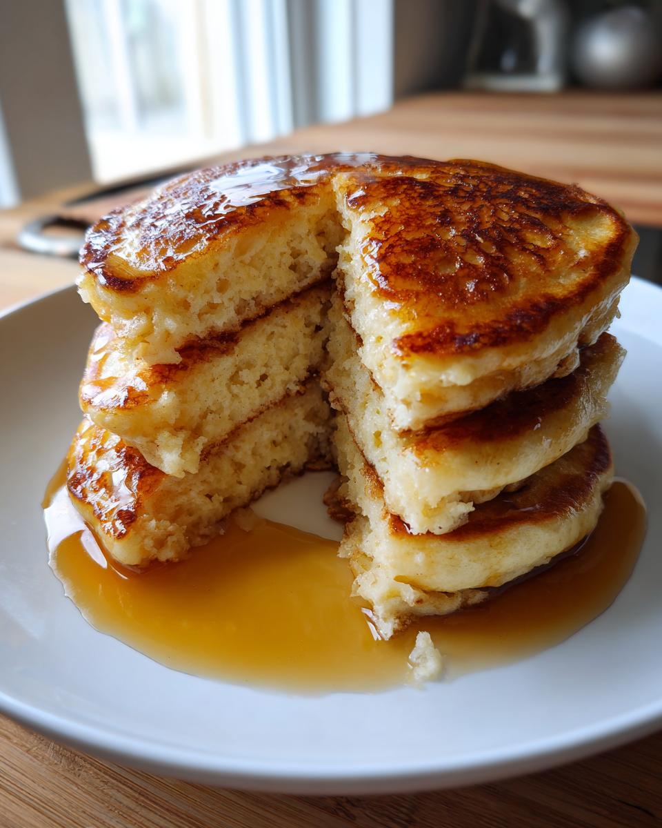 A tall stack of fluffy sourdough discard pancakes, cut to show the interior, drenched in maple syrup.