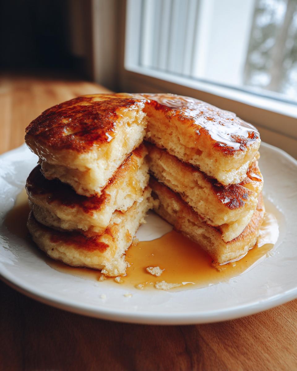 A stack of four fluffy sourdough discard pancakes cut open, drizzled generously with maple syrup.